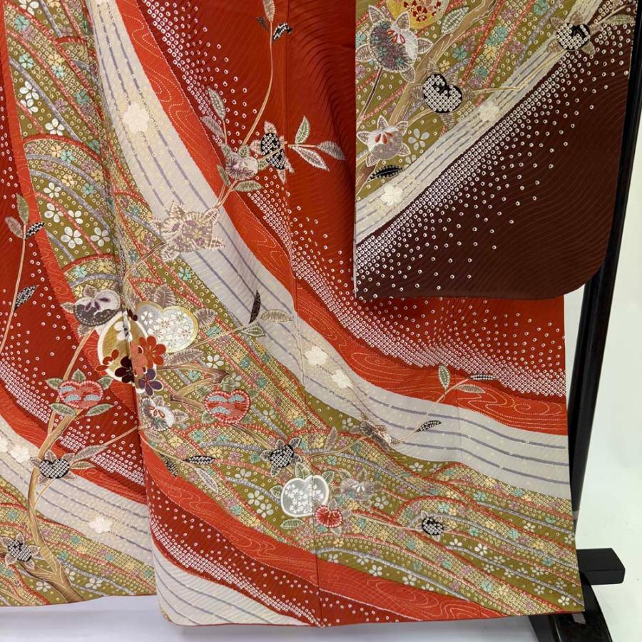 振袖 中古 朱色 大正ロマン 風 正絹 古典 裄66.2cm 身丈162cm 美品 M サイズ 成人式 4481_6