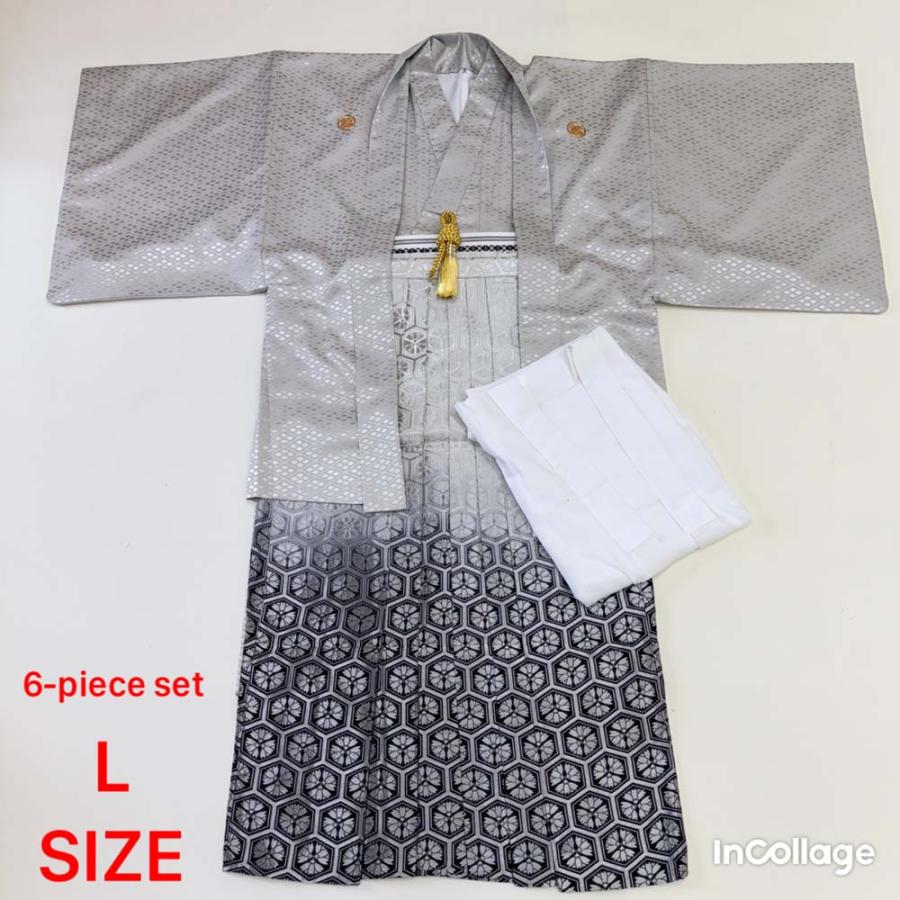 紋付袴 6点セット 着物 羽織 袴 長襦袢 羽織紐 角帯 裄71.8cm 袴丈89cm L グレー 五つ紋 中古 4494 紋付袴 6点セット 着物 羽織 袴 長襦袢 羽織紐 角帯 裄71.8cm 袴丈89cm