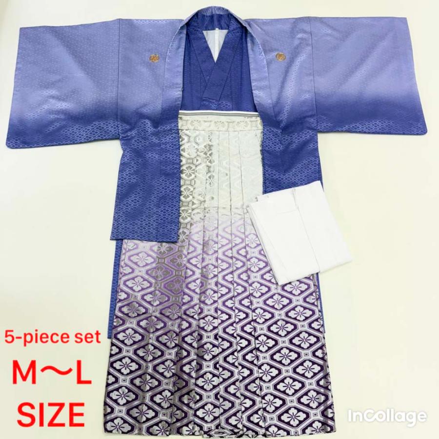 紋付袴 5点セット 着物 羽織 袴 長襦袢 角帯 裄70cm 袴丈86cm M〜L 紫 グレー 五つ紋 中古 4519 紋付袴 5点セット 着物 羽織 袴 長襦袢 角帯 裄70cm 袴丈86cm M〜L 紫