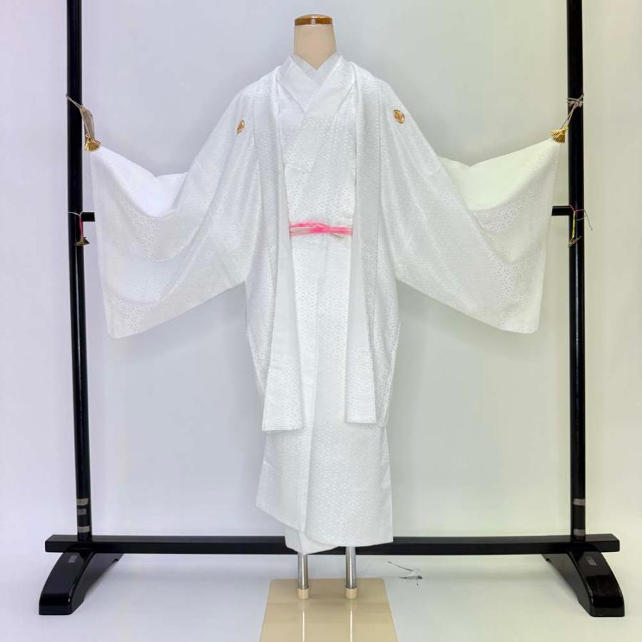 男紋付 男着物 紋付 ポリエステル 羽織 長着 裄74.2cm L-2L size 白 五つ紋 中古 成人式 舞台衣装  4908 男紋付 男着物 紋付 ポリエステル 羽織 長着 裄74.2cm L-2L size 白