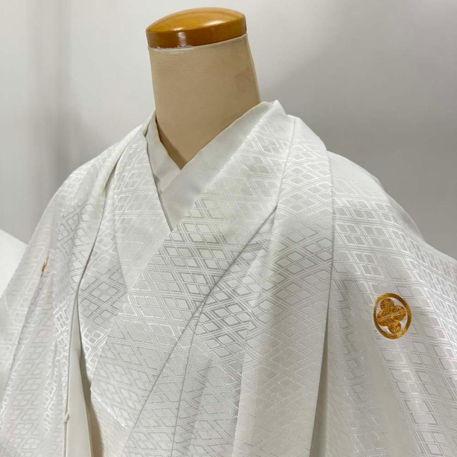 男紋付 男着物 紋付 ポリエステル 羽織 長着 裄74.2cm L-2L size 白 五つ紋 中古 成人式 舞台衣装  4908 男紋付 男着物 紋付 ポリエステル 羽織 長着 裄74.2cm L-2L size 白