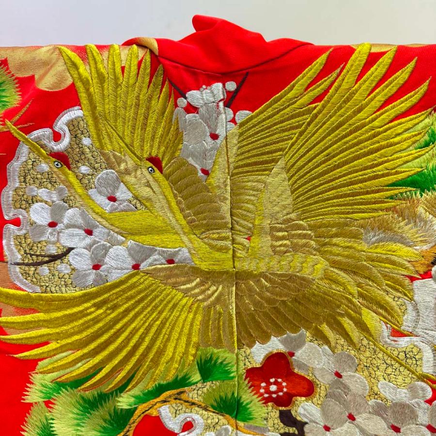 色打掛 正絹 鶴 刺繍 赤 緑 打掛 花嫁衣裳 婚礼 リサイクル 中古 ブライダル ウエディング 着物 4918_1