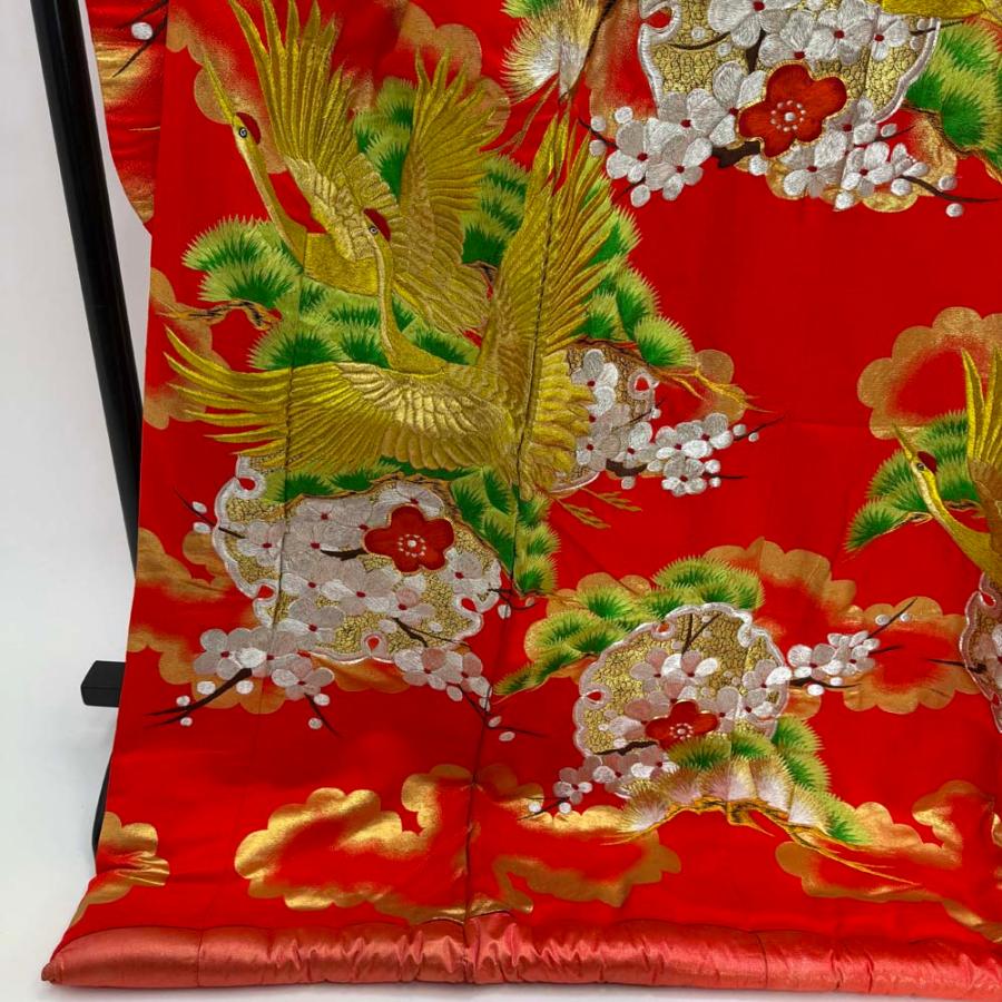 色打掛 正絹 鶴 刺繍 赤 緑 打掛 花嫁衣裳 婚礼 リサイクル 中古 ブライダル ウエディング 着物 4918_3