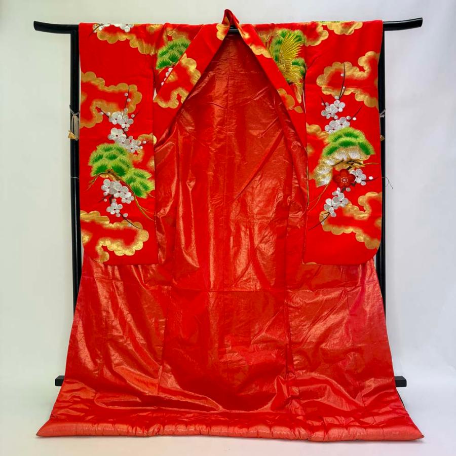色打掛 正絹 鶴 刺繍 赤 緑 打掛 花嫁衣裳 婚礼 リサイクル 中古 ブライダル ウエディング 着物 4918_6