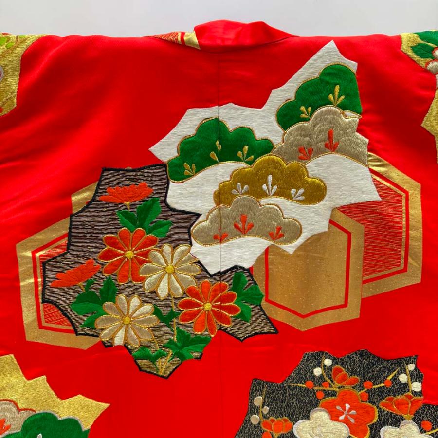 色打掛 正絹 鶴 刺繍 赤 緑 打掛 花嫁衣裳 婚礼 リサイクル 中古 ブライダル ウエディング 着物 4919_1