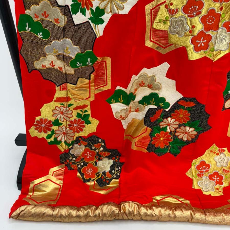 色打掛 正絹 鶴 刺繍 赤 緑 打掛 花嫁衣裳 婚礼 リサイクル 中古 ブライダル ウエディング 着物 4919_3