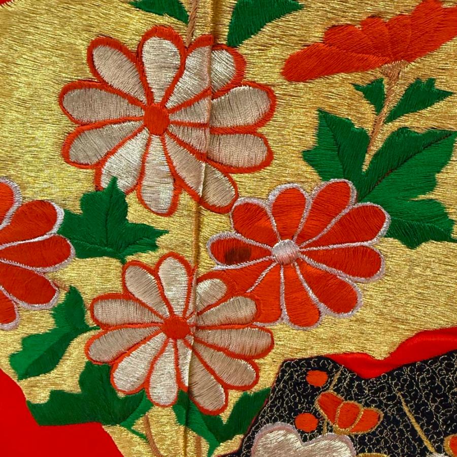 色打掛 正絹 鶴 刺繍 赤 緑 打掛 花嫁衣裳 婚礼 リサイクル 中古 ブライダル ウエディング 着物 4919_4