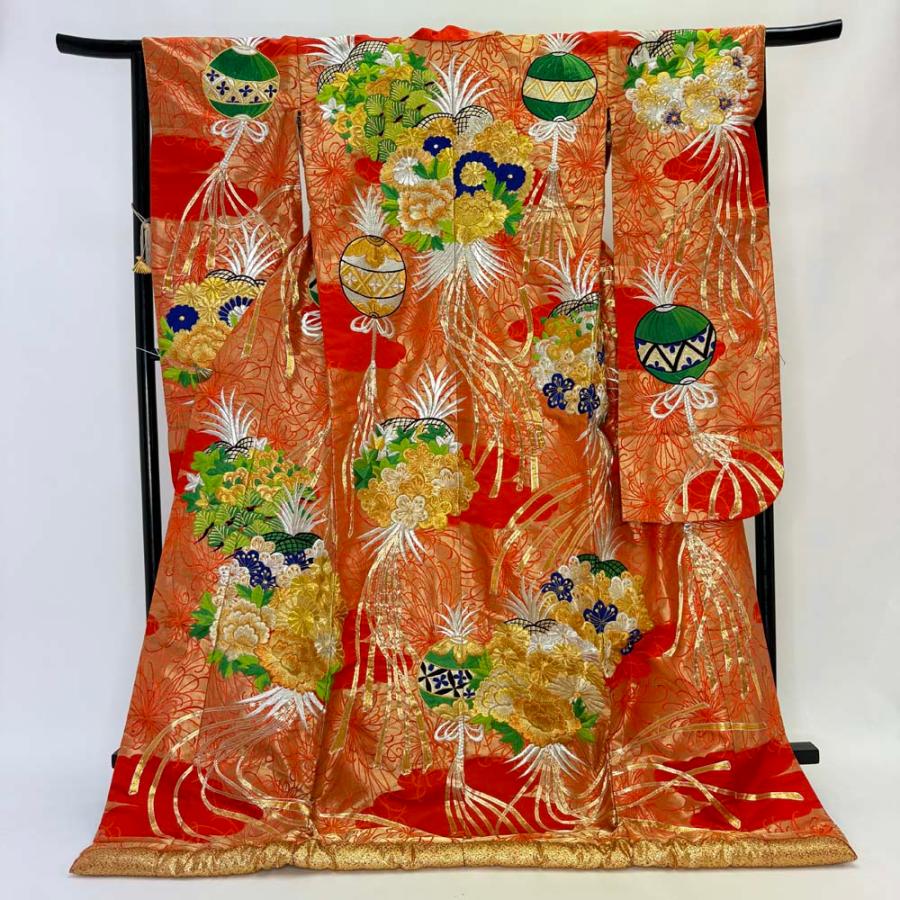 色打掛 正絹 鶴 刺繍 赤 橙 打掛 花嫁衣裳 婚礼 リサイクル 中古 