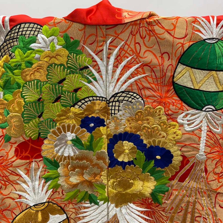 色打掛 正絹 鶴 刺繍 赤 橙 打掛 花嫁衣裳 婚礼 リサイクル 中古