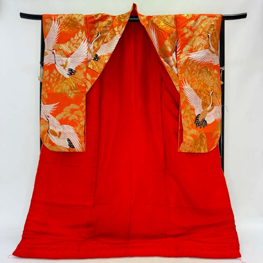 色打掛 正絹 鶴 刺繍 朱色 橙 打掛 花嫁衣裳 婚礼 リサイクル 中古 