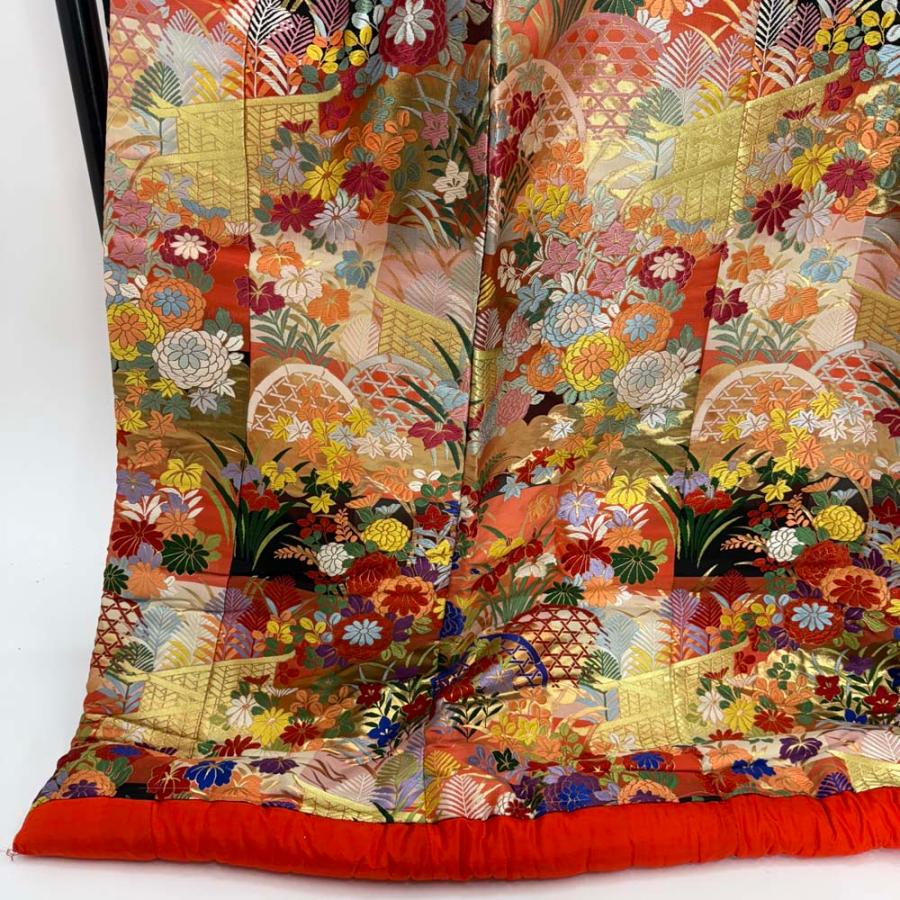 色打掛 正絹 鶴 刺繍 ゴールド 打掛 花嫁衣裳 婚礼 リサイクル 中古 