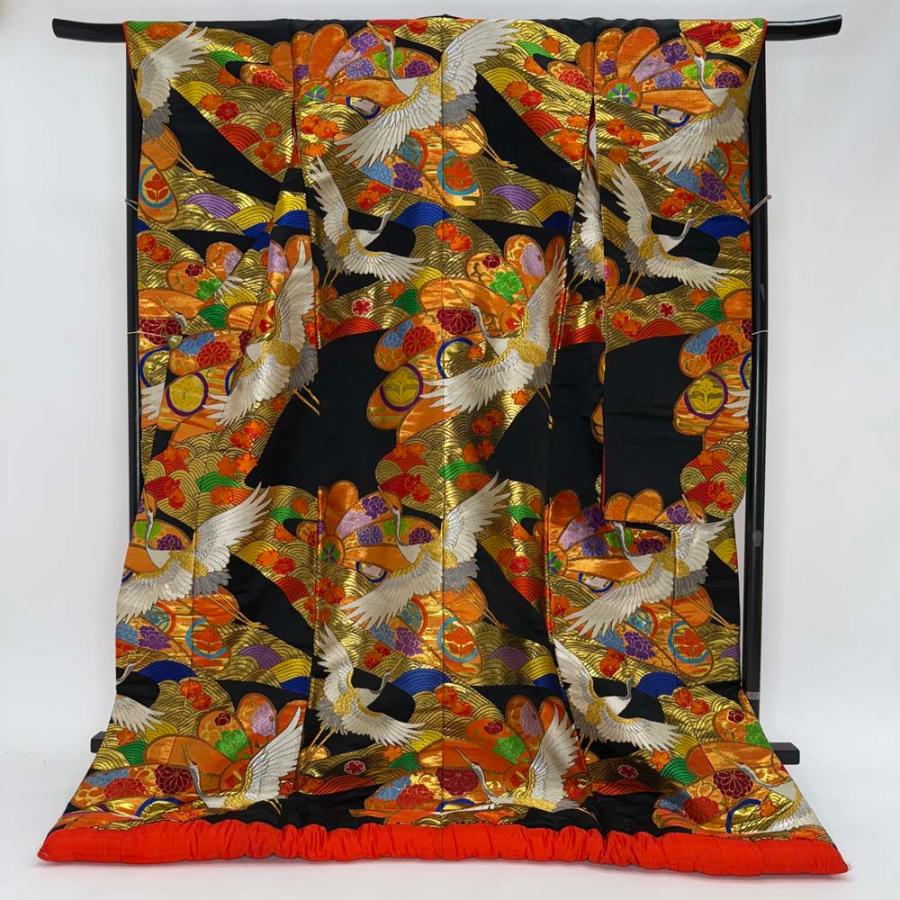 色打掛 正絹 鶴 刺繍 黒 ゴールド 打掛 花嫁衣裳 婚礼 リサイクル 中古 