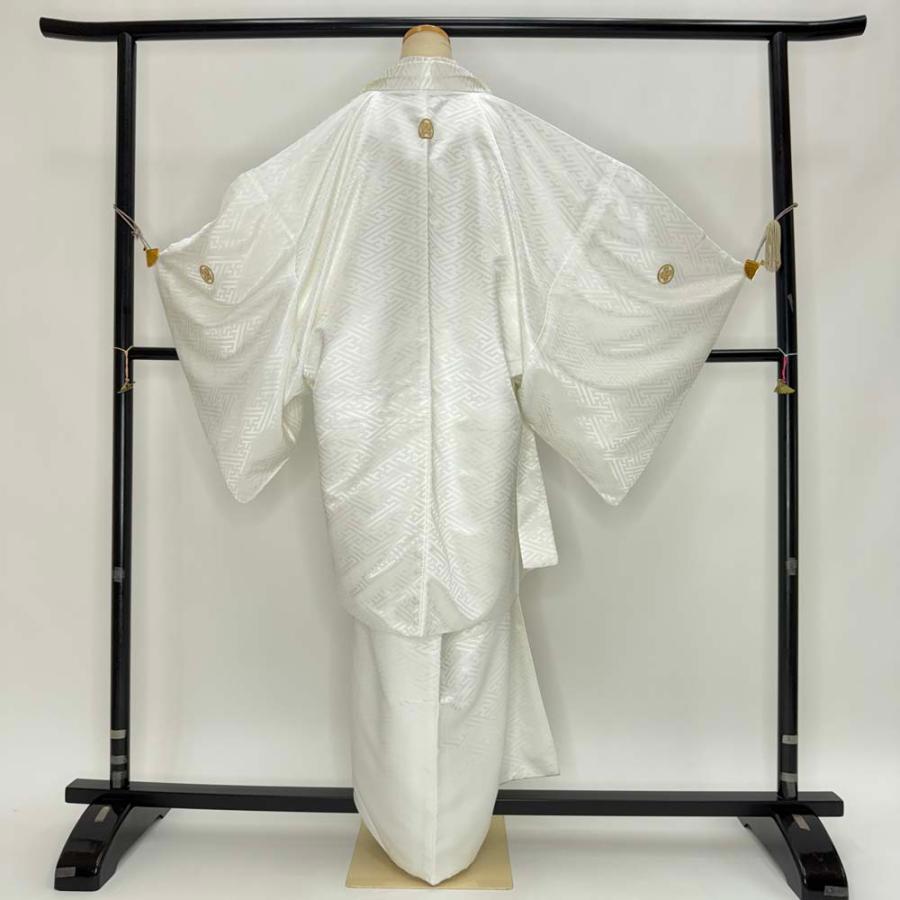 男紋付 2点セット 男着物 紋付 ポリエステル 羽織 長着 裄72.7cm L size 白 五つ紋 中古 成人式 舞台衣装  5035 男紋付 2点セット 男着物 紋付 ポリエステル 羽織 長着 裄73.5cm L