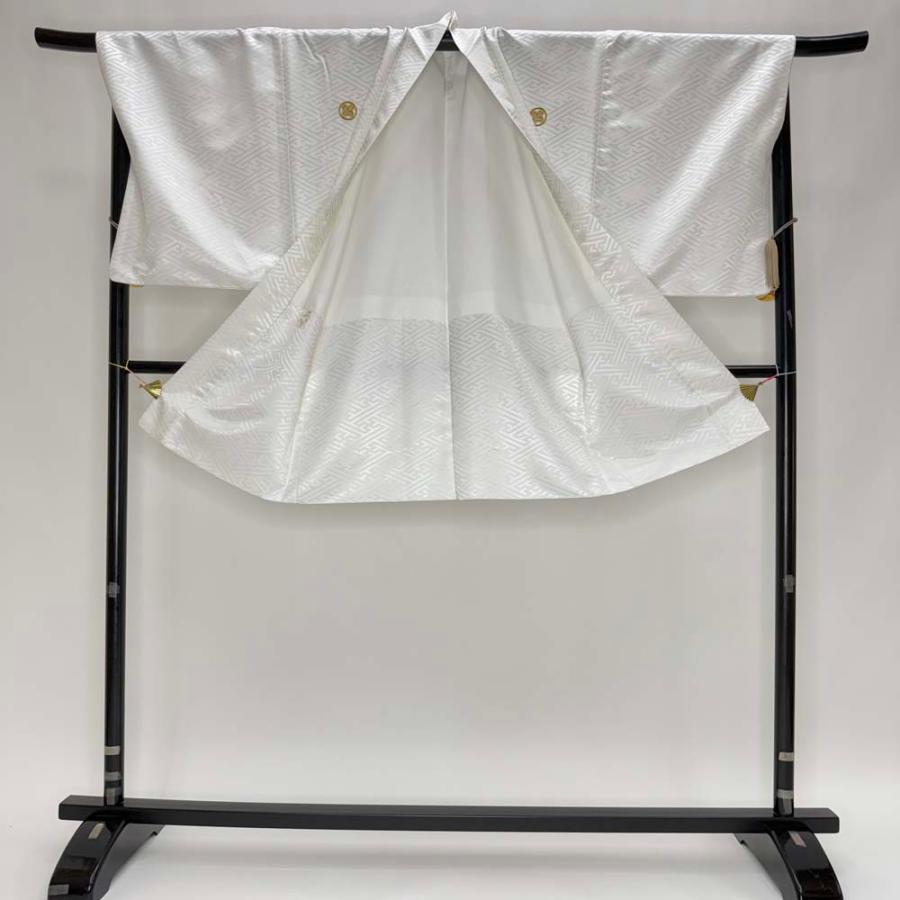 男紋付 2点セット 男着物 紋付 ポリエステル 羽織 長着 裄72.7cm L size 白 五つ紋 中古 成人式 舞台衣装  5035 男紋付 2点セット 男着物 紋付 ポリエステル 羽織 長着 裄73.5cm L