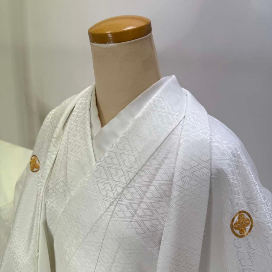 男紋付 2点セット 男着物 紋付 ポリエステル 羽織 長着 裄73.8cm L size 白 五つ紋 中古 成人式 5039 男紋付 2点セット 男着物 紋付 ポリエステル 羽織 長着 裄73.8cm L