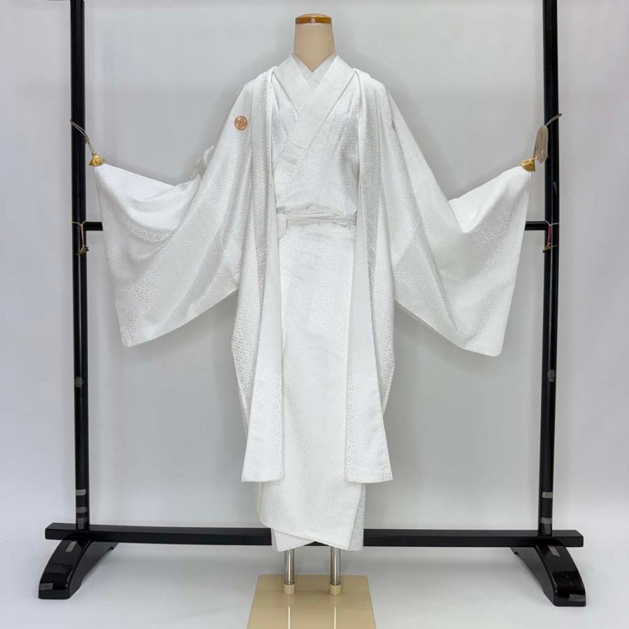 男紋付 2点セット 男着物 紋付 成人式 ポリエステル 羽織 長着 裄78.2cm 4L size 白 五つ紋 中古 5040 男紋付 2点セット 男着物 紋付 成人式 ポリエステル 羽織 長着 裄78.2