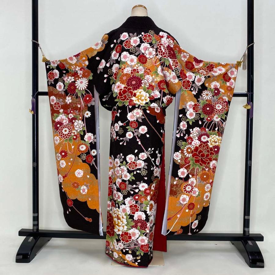 振袖 中古 ブラウン 茶色 正絹 古典 裄68cm 身丈170cm 美品 L サイズ 