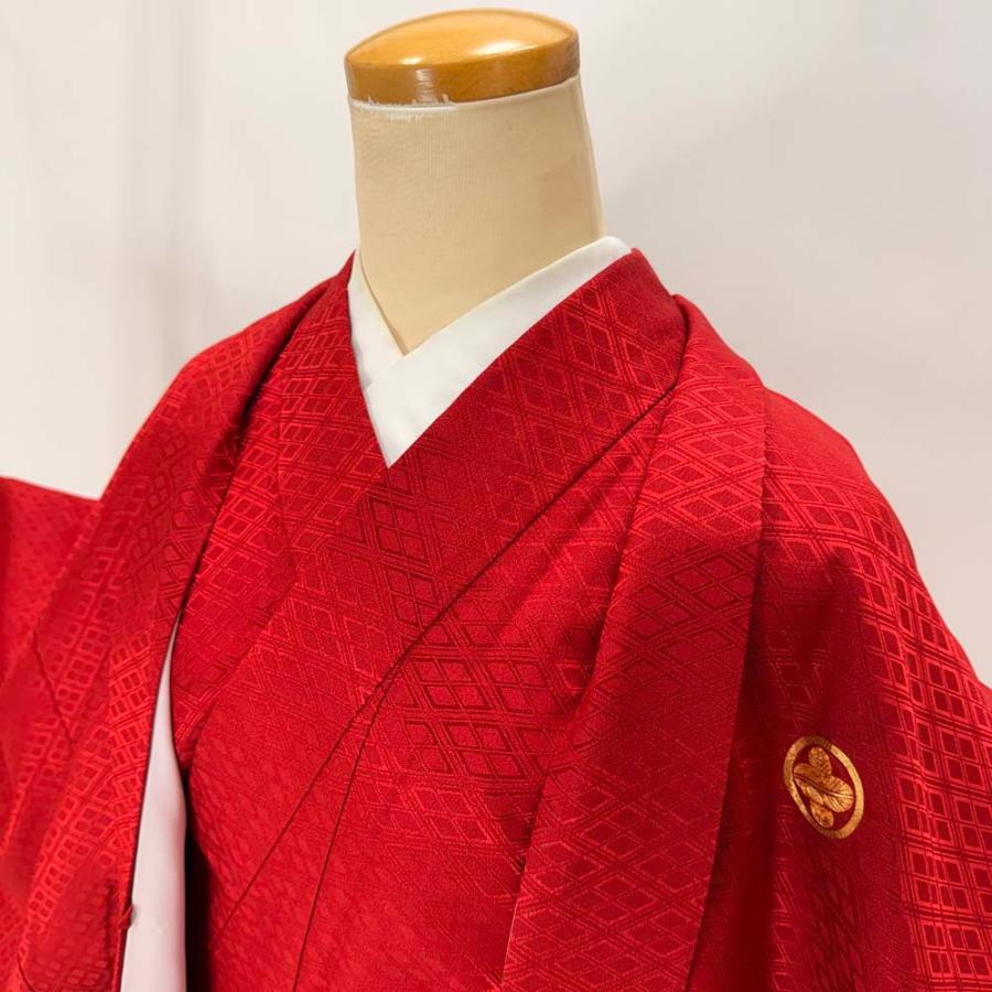 男紋付 男着物 紋付 ポリエステル 羽織 長着 裄74cm 2L size 赤 五つ紋