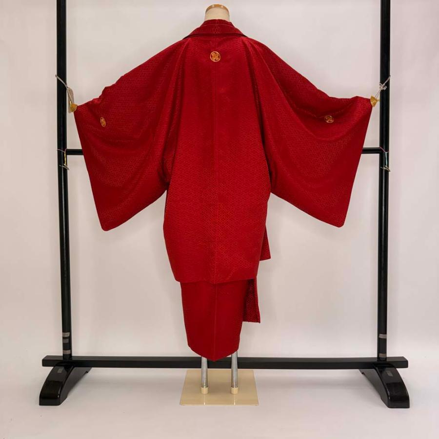 男紋付 男着物 紋付 ポリエステル 羽織 長着 裄74cm 2L size 赤 五つ紋