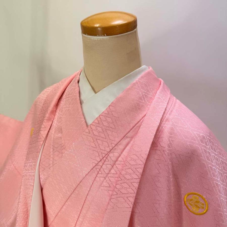 男紋付 男着物 紋付 ポリエステル 羽織 長着 裄73.5cm L size ピンク