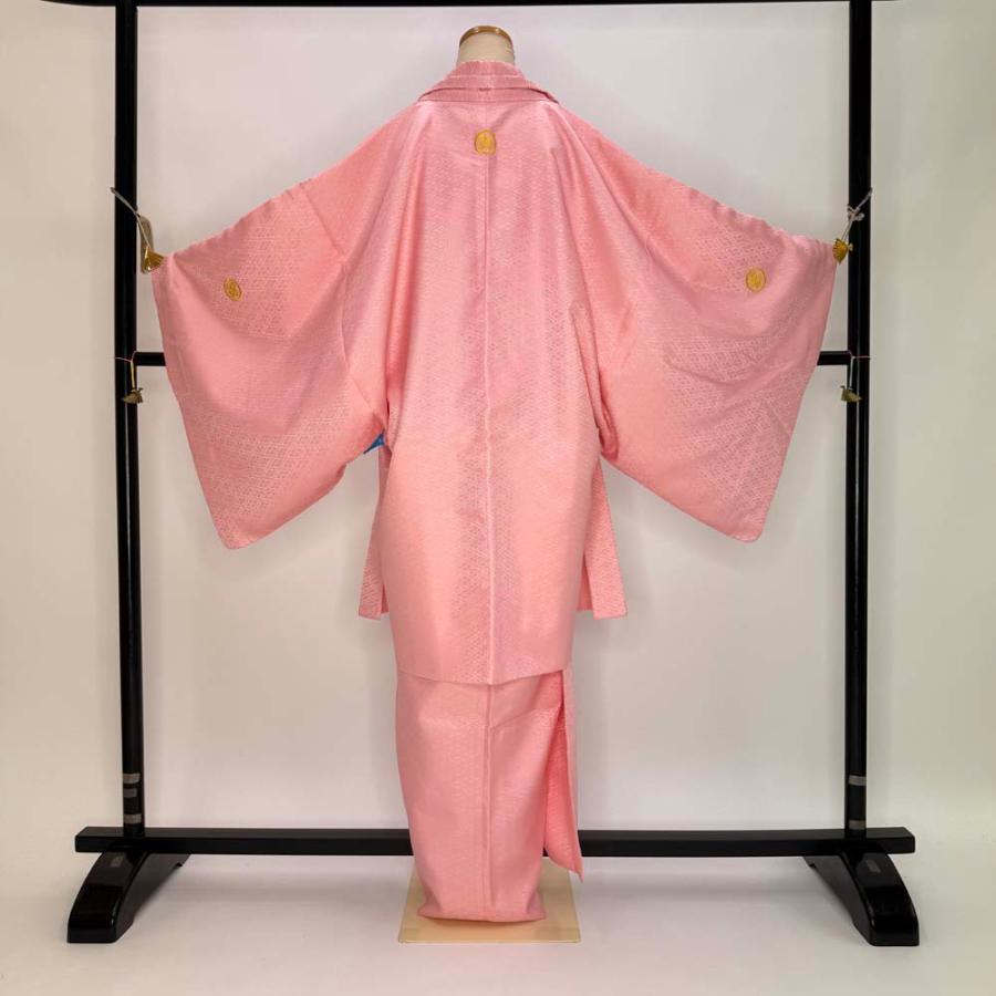 男紋付 男着物 紋付 ポリエステル 羽織 長着 裄73.5cm L size ピンク 五つ紋 中古 成人式 舞台衣装  5427 男紋付 男着物 紋付 ポリエステル 羽織 長着 裄73.5cm L size ピンク