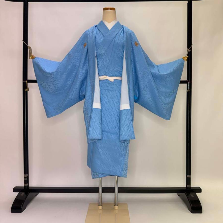 男紋付 男着物 紋付 ポリエステル 羽織 長着 裄73cm L size 水色 五つ紋 中古 成人式 舞台衣装  5430 男紋付 男着物 紋付 ポリエステル 羽織 長着 裄73cm L size 水色
