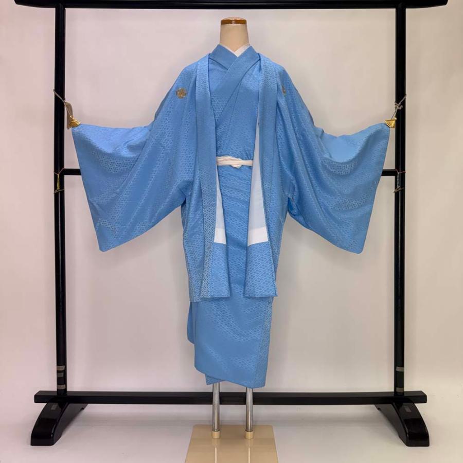 男紋付 男着物 紋付 ポリエステル 羽織 長着 裄72cm L size 水色 五つ紋 中古 成人式 舞台衣装  5441 男紋付 男着物 紋付 ポリエステル 羽織 長着 裄72cm L size 水色