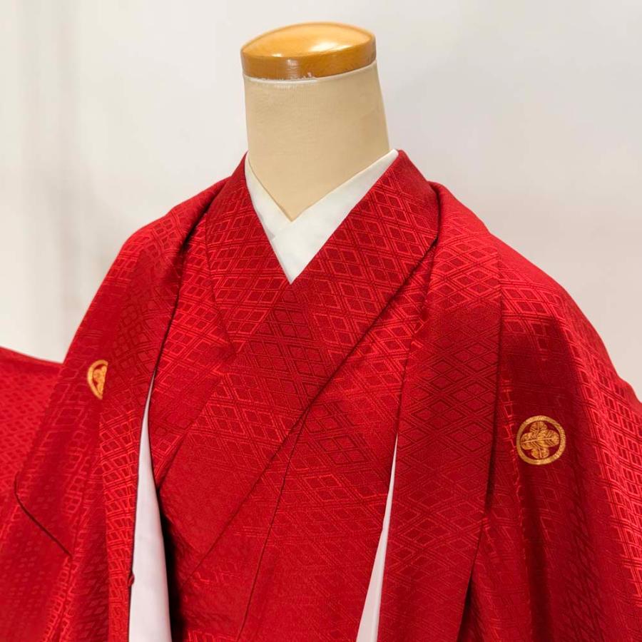 男紋付 男着物 紋付 ポリエステル 羽織 長着 裄75.5cm 2L size 赤