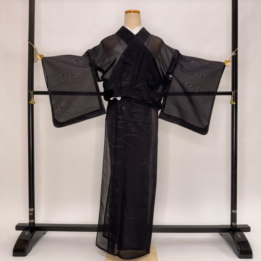 【夏着物　絽】正絹　上質な小紋　七宝に花紅葉　裄69 身幅広め 小紋 夏 紗 夏用 裄63.2cm 身丈158.5cm 花柄 お洒落着 普段着 正絹 紺