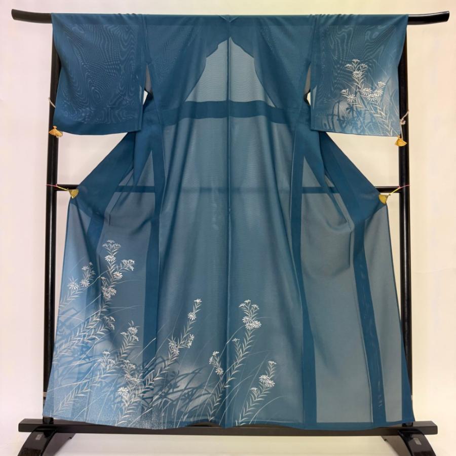 訪問着 付け下げ 絽 夏用 夏 礼装 正絹 裄69cm L サイズ 緑 青 5929