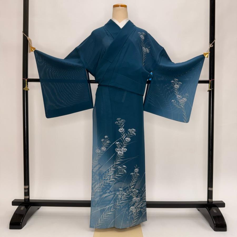 訪問着 付け下げ 絽 夏用 夏 礼装 正絹 裄69cm L サイズ 緑 青 5929
