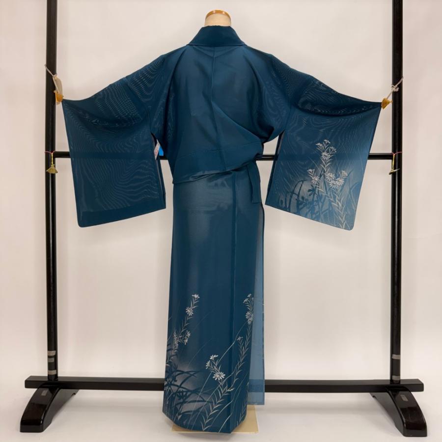 絽　付下げ　真夏用　睡蓮紋様　 透け感あり　正絹　裄70cm 訪問着 付け下げ 絽 夏用 夏 礼装 正絹 裄69cm L サイズ 緑 青 5929
