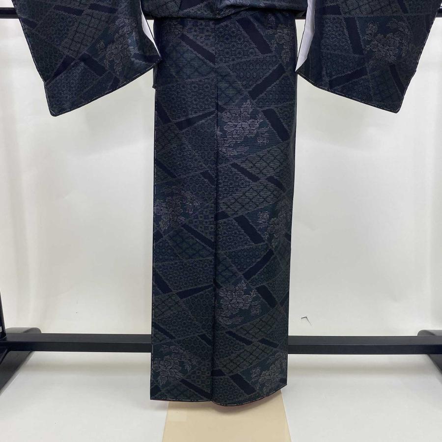 大島紬 紬 花柄 緑 紺 お洒落着 普段着 正絹 裄66cm 身丈160cm