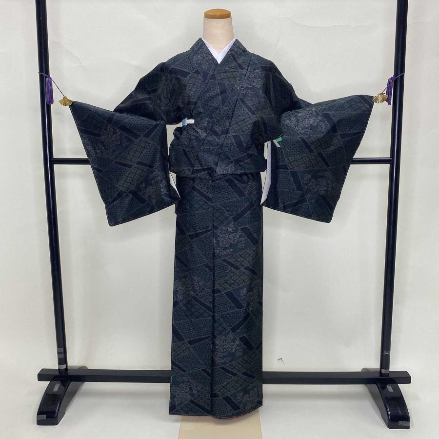 大島紬 紬 花柄 緑 紺 お洒落着 普段着 正絹 裄66cm 身丈160cm 美品 