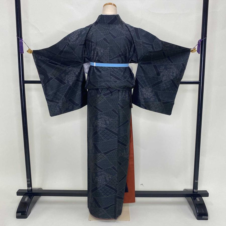 大島紬 紬 花柄 緑 紺 お洒落着 普段着 正絹 裄66cm 身丈160cm 美品 