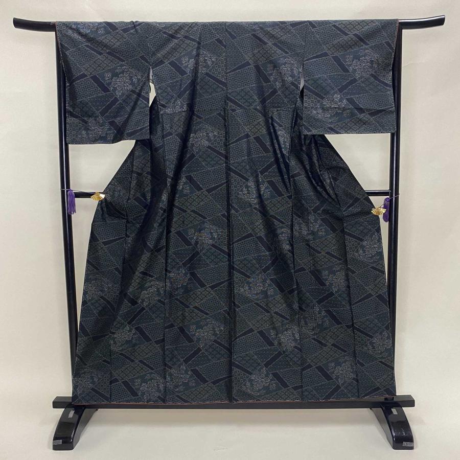 大島紬 紬 花柄 緑 紺 お洒落着 普段着 正絹 裄66cm 身丈160cm 美品 