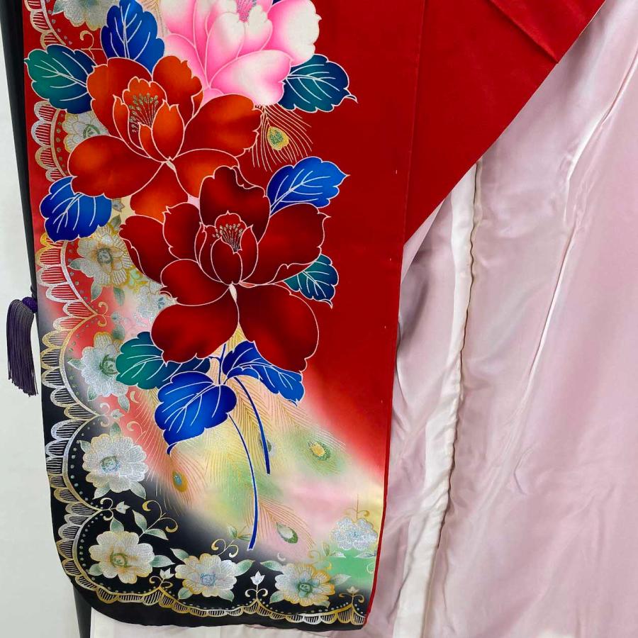 本振袖 正絹 赤色 花柄 洋柄 結婚式 比翼仕立て 裄66cm 身丈183cm 美品  