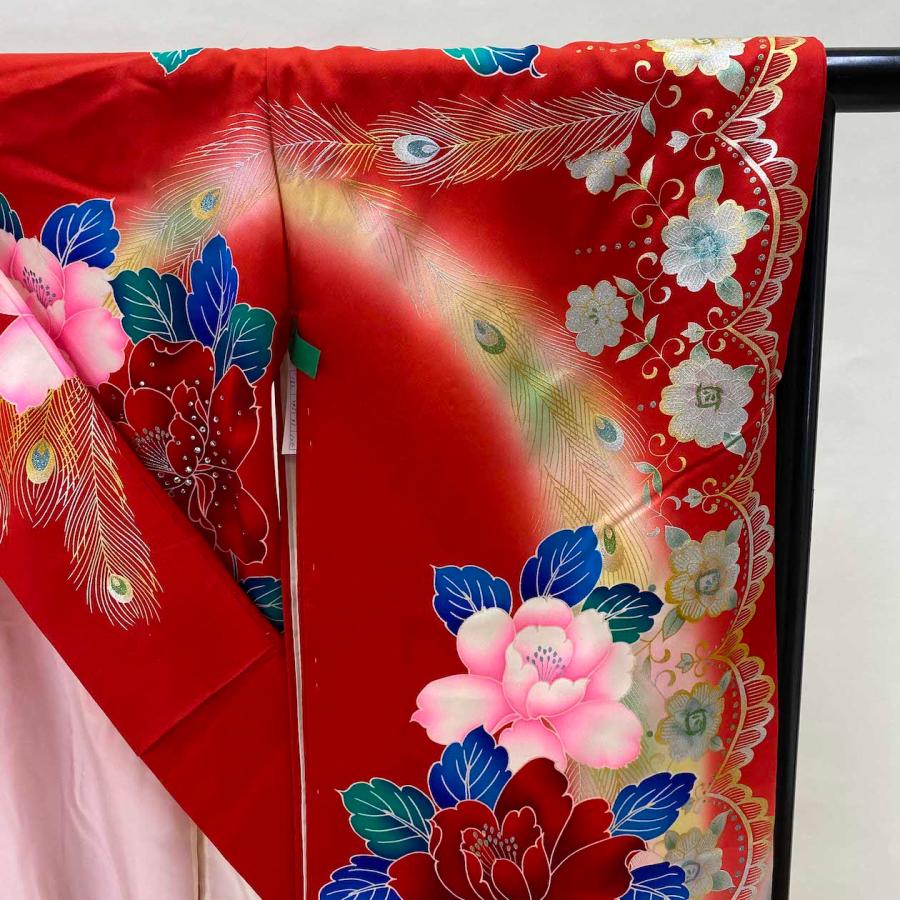 本振袖 正絹 赤色 花柄 洋柄 結婚式 比翼仕立て 裄66cm 身丈183cm 美品  