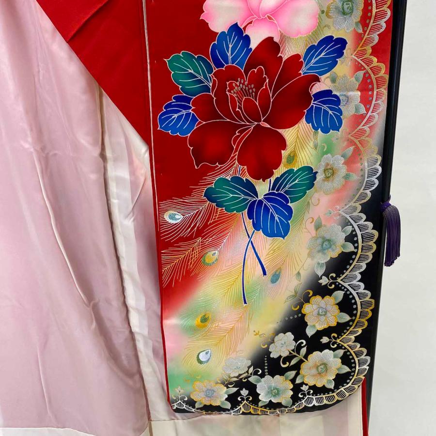 本振袖 正絹 赤色 花柄 洋柄 結婚式 比翼仕立て 裄66cm 身丈183cm 美品