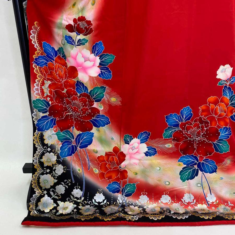 本振袖 正絹 赤色 花柄 洋柄 結婚式 比翼仕立て 裄66cm 身丈183cm 美品  