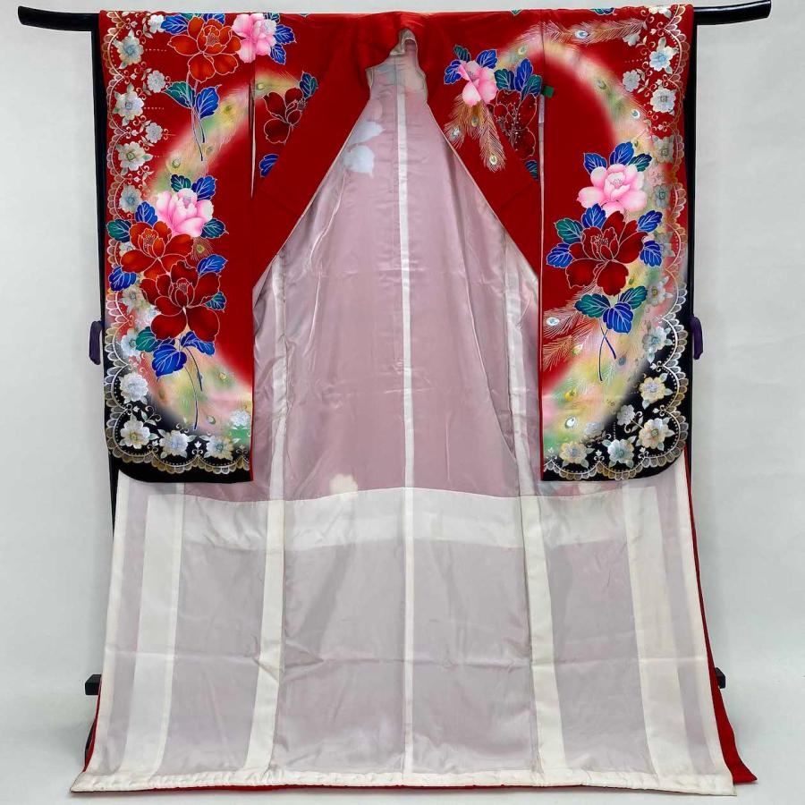 本振袖　正絹　赤色　花柄 洋柄　結婚式　比翼仕立て　裄66cm　身丈183cm　美品　花嫁衣装　 Mサイズ　G694 本振袖 正絹 赤色 花柄 洋柄 結婚式 比翼仕立て 裄66cm 身丈183cm 美品