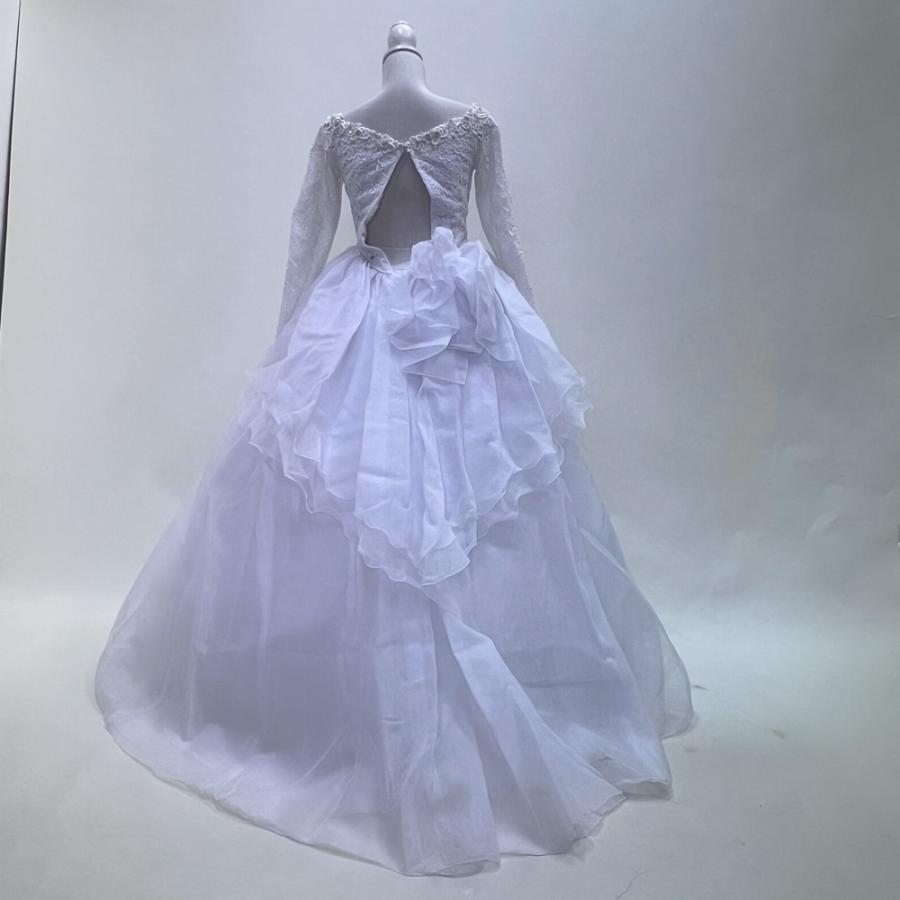 ウェディングドレス 7号R プリンセス 長袖 中古 ラウンドネック 清楚で 