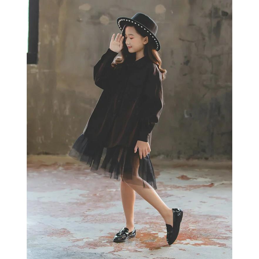 韓国子供服 シャツワンピース 親子服 女の子 春秋 長袖 膝丈 ひざ丈 チュール 折り襟 カーディガン おしゃれ キッズ 女児 人気 可愛い ママ ジュニア服 ブラック 海外最新