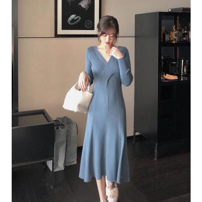 ニットワンピース ニットワンピ プリーツ Vネック 秋冬ワンピース 長袖 ワンピース ロング丈 オフィス シンプル Ol 重ね着 着回し 膝下 ベルト 国内即発送