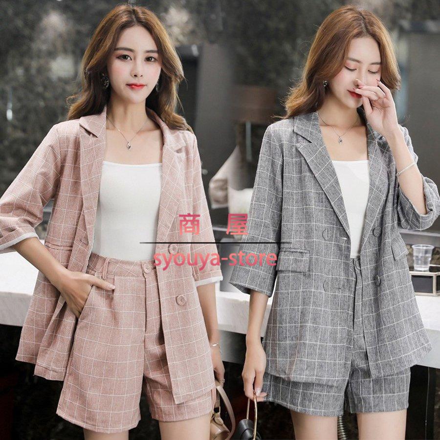 点セットアップ 七分袖スーツジャケット 2色 ショート丈パンツ 高品質の激安