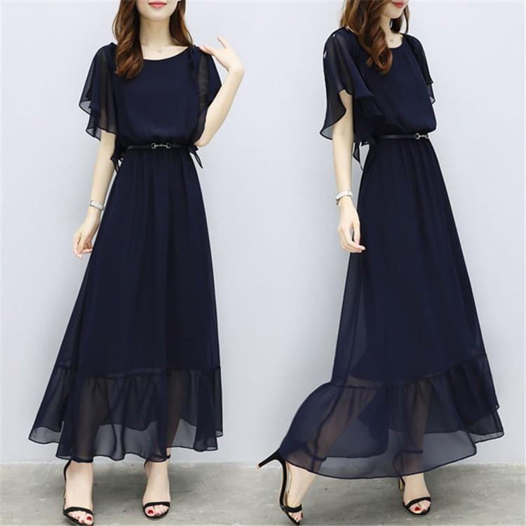 マキシワンピース レディース 夏 40代 きれいめ 上品 カジュアル ロング丈 無地 シフォン 丸ネック ロングワンピース 細身 最安値挑戦