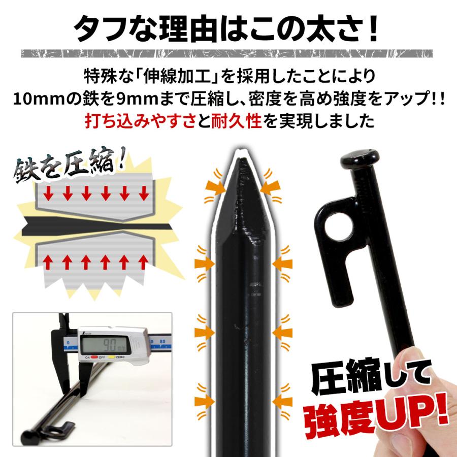 ペグ 25cm 強靭 スチールペグ キャンプ テント タープ 設営 レーザー溶接 伸線加工 防錆塗装 安全キャップ付き 96本セット｜systemstyle｜07