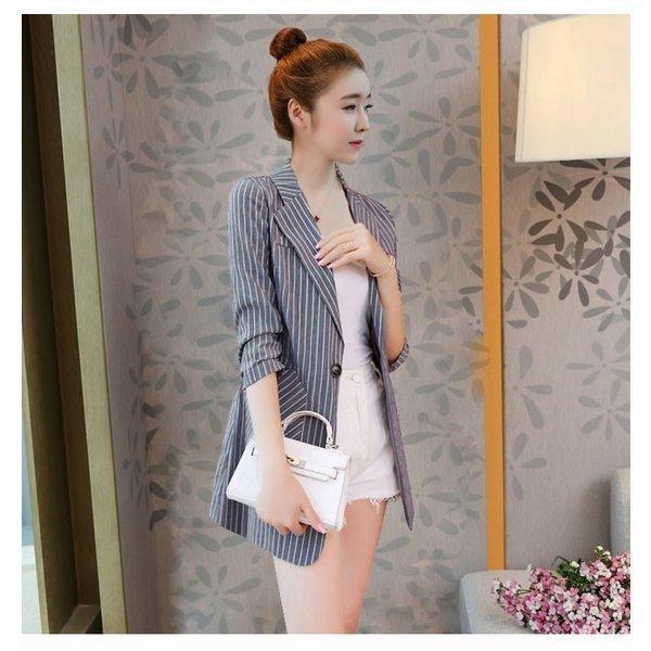 サマージャケットレディーステーラードジャケット7分袖ロング丈ストライプ柄薄手大きいサイズ冷房対策アウタートップス春夏秋 最高の