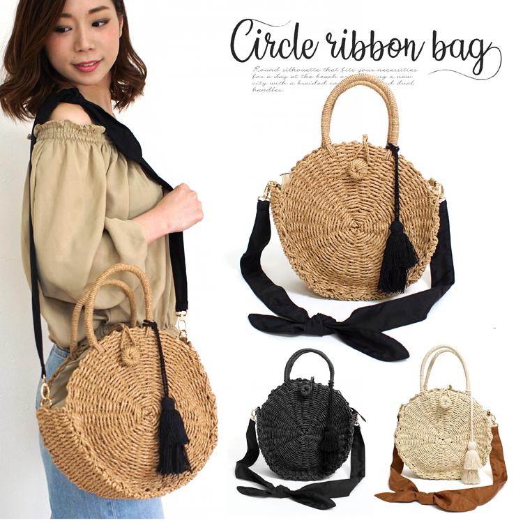 かごバッグ リボンショルダー付き サークルかごバッグ タッセル付き