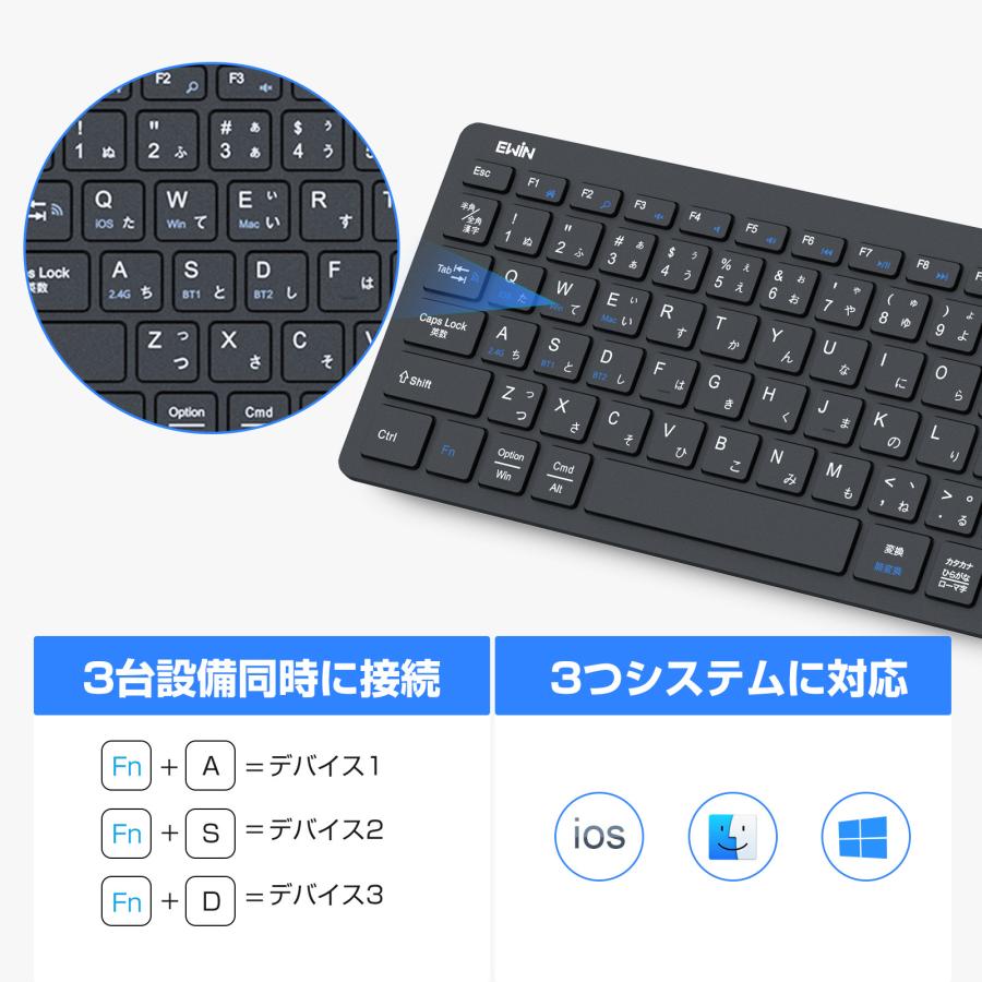 ワイヤレスキーボード 2.4GHz無線 +bluetoothキーボード タッチパッド テンキー搭載 日本語配列３台デバイス切り替え Windows Mac iOS対応 レシーバー付き｜syunyou｜06